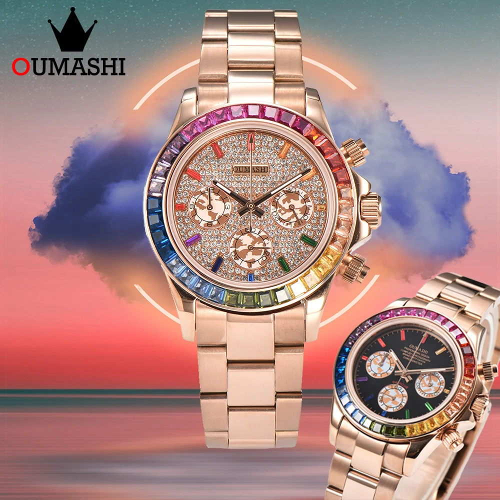 OUMASHI-series new style orologio VK63 da uomo con diamanti colorati zaffiro 316 orologio sportivo al quarzo in acciaio movimento VK63