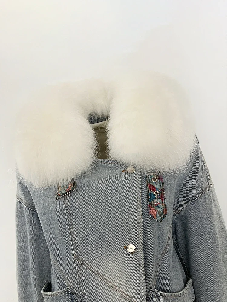 2025 nuovi vestiti autunno inverno femminile vera pelliccia di volpe piumino d'oca coperchio interno giacca di jeans donna spessa pelliccia calda piumino signora