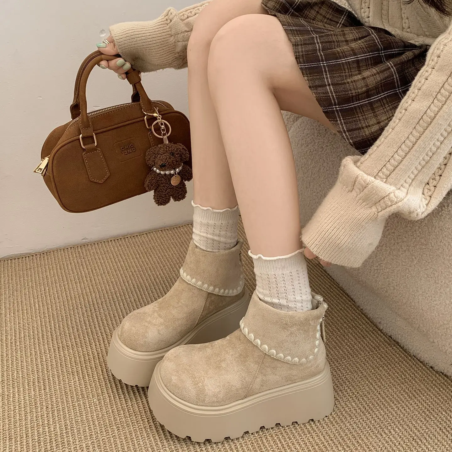 

Kawaii Boots for Woman Autumn New Retro Synthetic Suede Single Ankle Boots Outsole College Korea Fashion Short Boots for Women