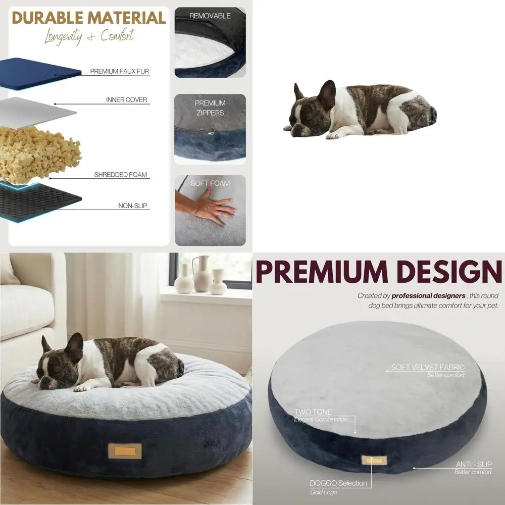 

33 Washable Round Dog Bed for Small & Medium Breeds - Soft Foam Cushion, Non-Slip Base, Stylish Blue & Gray Design
