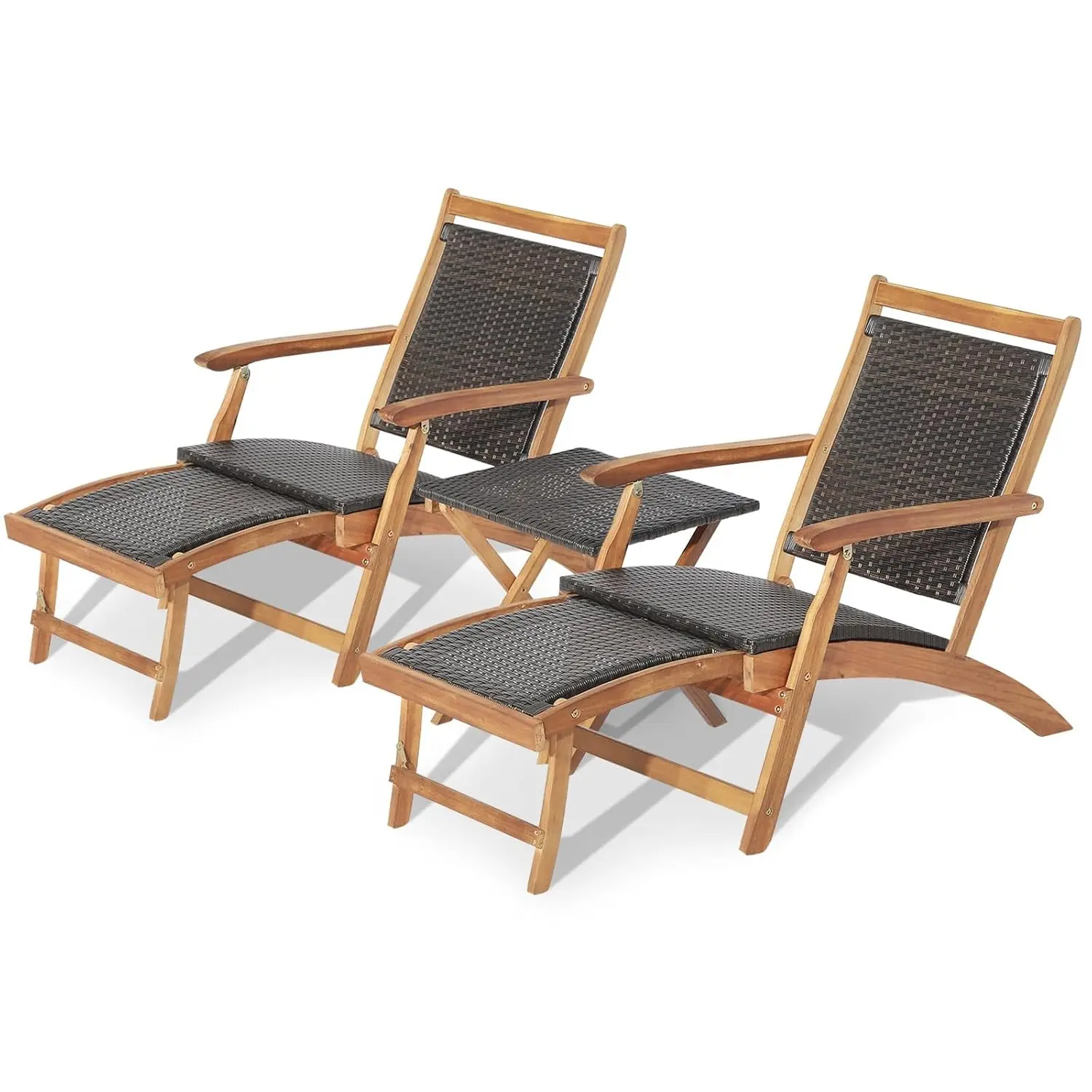 Wood Folding Chaise Lounge 3-Piece w/Footrest & Side Table, Outdoor Patio Furniture for Poolside Deck, Customized