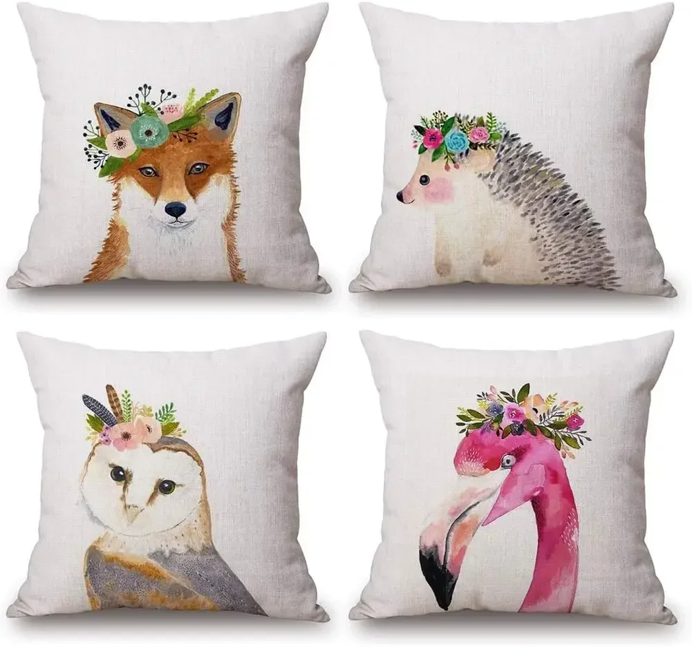 Pillow Cover Animal Garland Dog Hedgehog Flamingo Linen Square Home Decoration Pillowcase Cushion Cover 45x45 pillow case