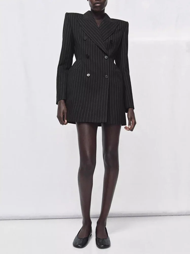 

Spring 2026 Women's Style Long Sleeve Slim Fit Striped Dress Suit Jacket Commute Style Double Button Regular Length Outerwear