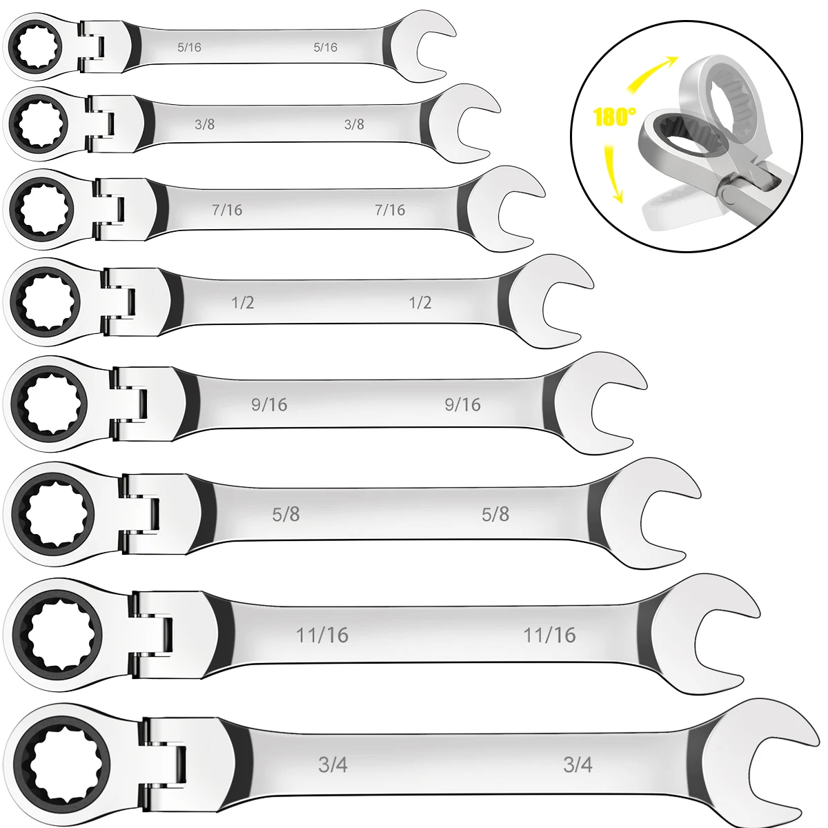 Flex Head Ratchet Combination Wrench Set, 1/4”-3/4”SAE, 72-Teeth Box End and Open End Spanner Gear Wrench with Cr-V Constructed