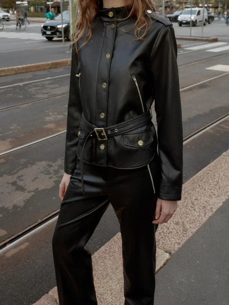 سترة نسائية كاجوال سوداء قصيرة من الجلد موضة بياقة واقفة وأكمام طويلة وسحاب وحزام فضفاض سترات نسائية يومية معطف عالي الشارع #3