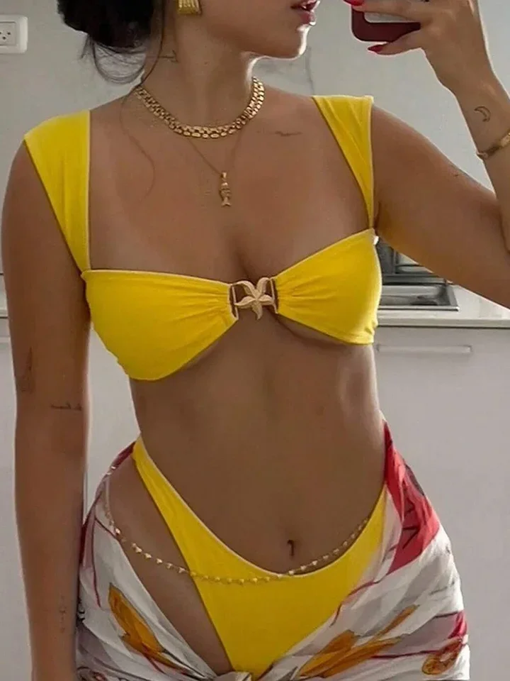 Vzvn Sexy Solid Metal Decoration Bikini Set Women Split Swimsuit Beach Bikini 2026 New All Season Backless Bikinis 2 Piece Set