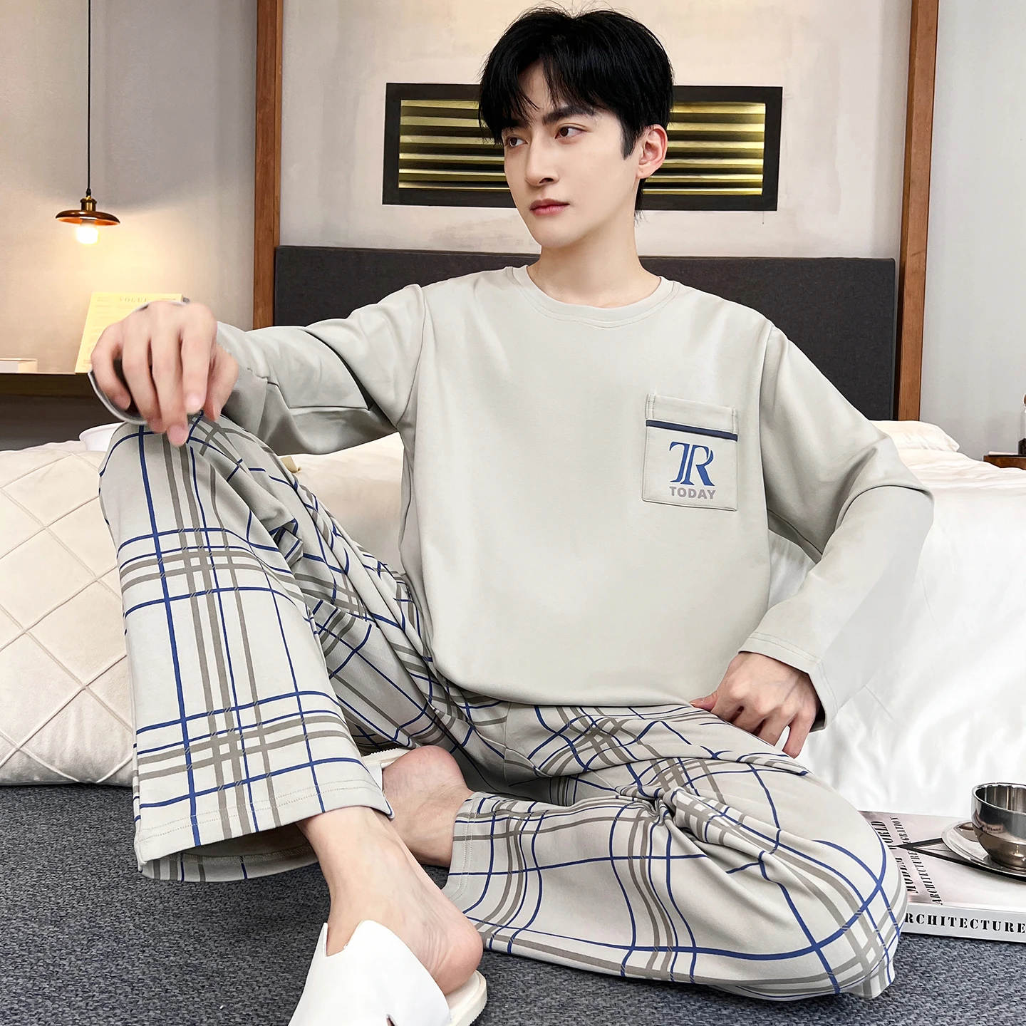 

2 Pieces Set for Men O Neck Sleeping Top Trousers Home Clothes Male Big Size L-3XL Pjs Youth Boy Loungewear Dropship pyjamas