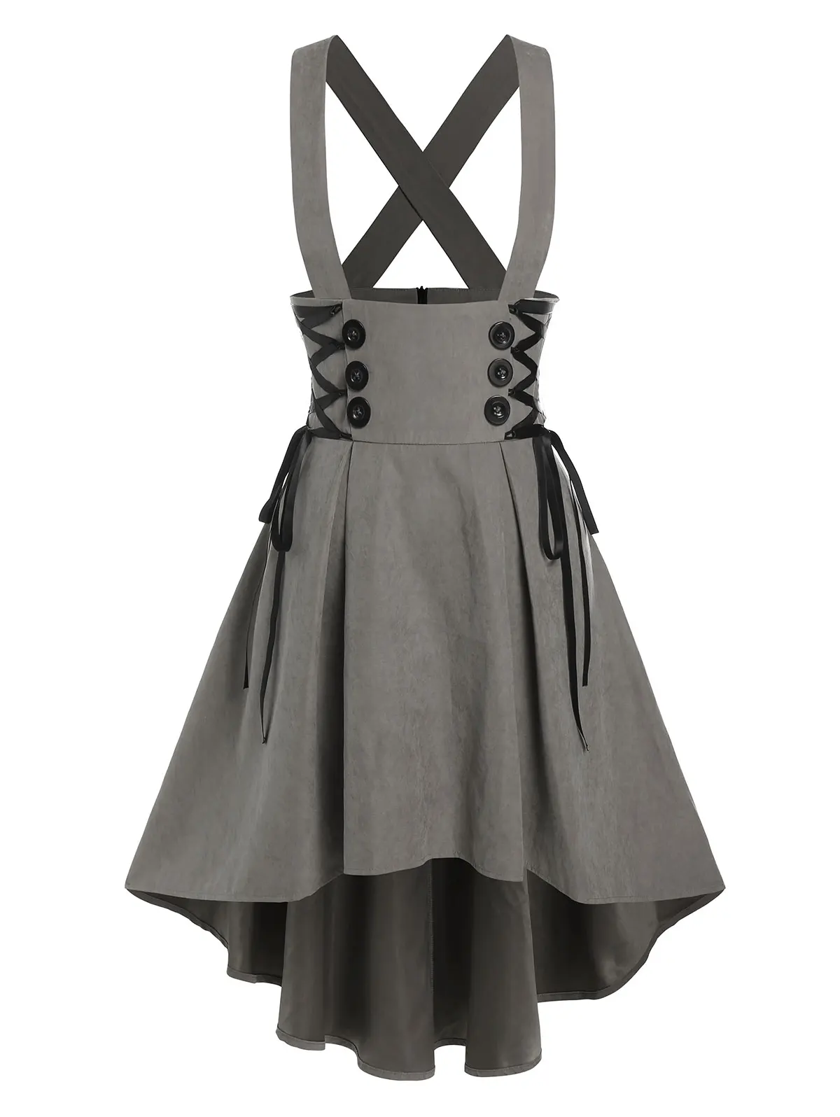 Dressfo 2025 New Women's Casual Preppy Zipper Fly Mock Button Lace-up Suspender High Low Skirt