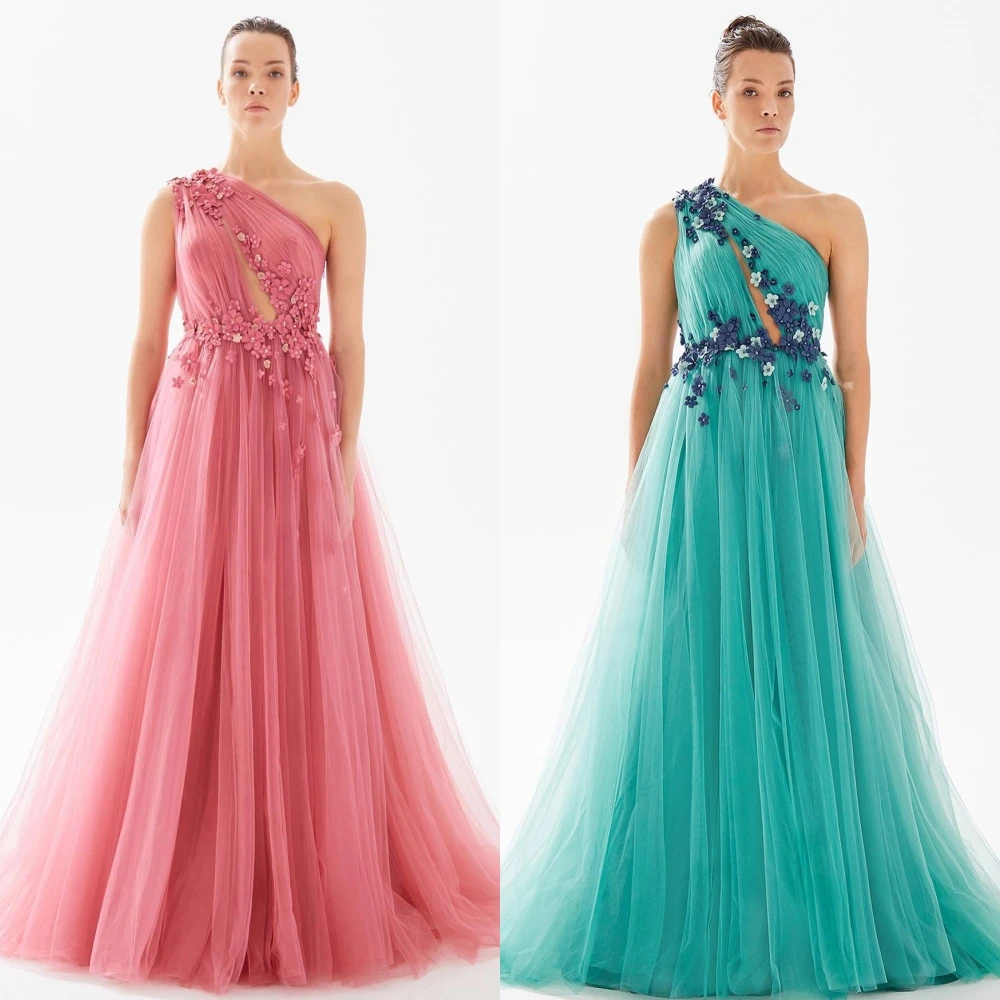 Exquisite Modern Style One-Shoulder Ball gown Flowers Beading Draped Floor-Length Tulle Evening Dresses