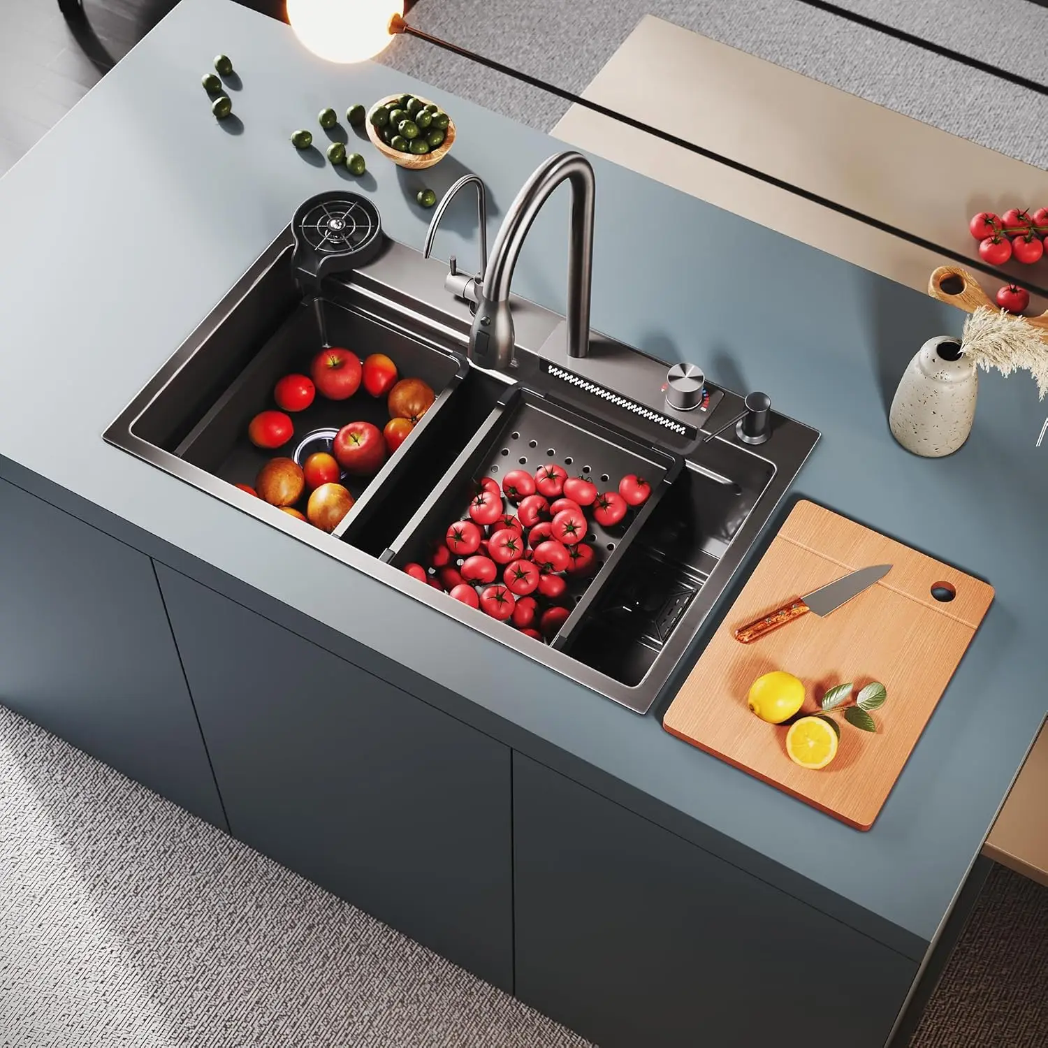 Кухонная мойка с водопадом из нержавеющей стали 304, большая однослотовая встроенная смеситель с цифровым дисплеем, набор диспенсеров для мыла, мойка чашек