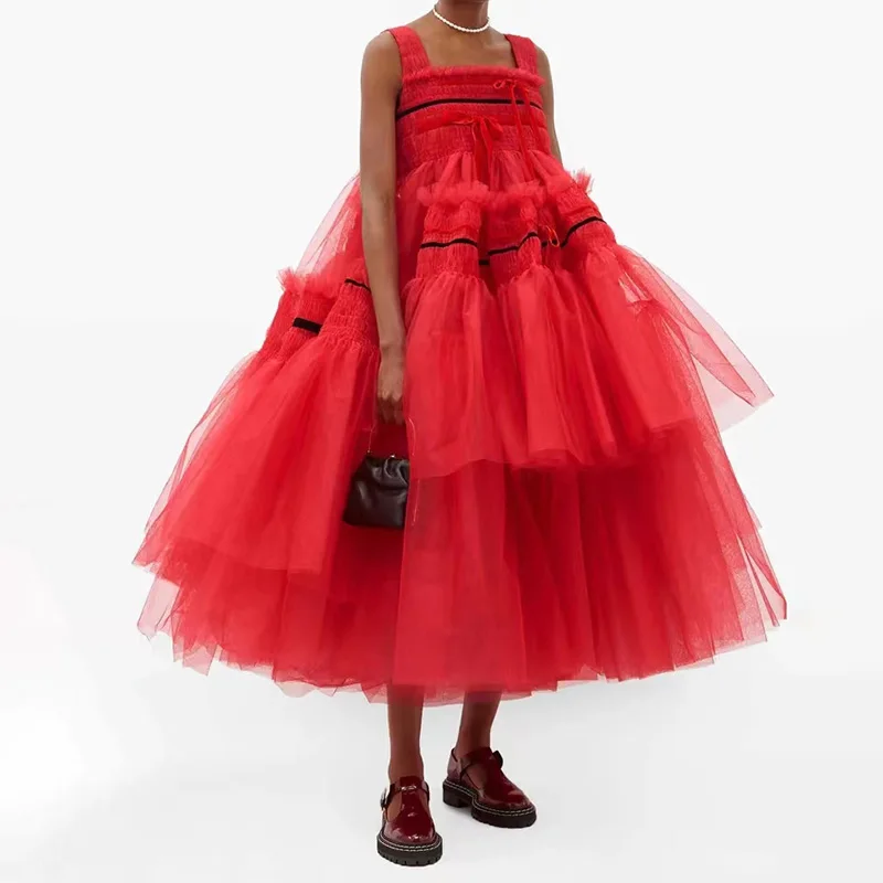 

Red Ball Gown Prom Dresses for Women Tulle Square-Neck Tea-Length with Tiered Special Events Wedding Gala Evening Party 2023 New