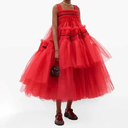 Red Ball Gown Prom Dresses for Women Tulle Square-Neck Tea-Length with Tiered Special Events Wedding Gala Evening Party 2023 New