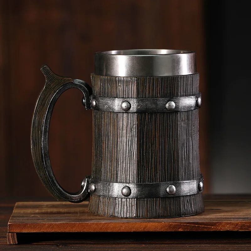 New Vintage German Barrel Beer Mug - Handcrafted Wooden Effect Stainless Steel Stein, Large Capacity Tankard