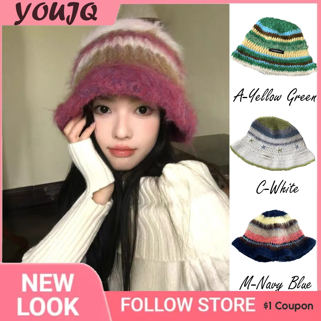 

Y2K Women Striped Flower Spliced Knitted Woolen Hat for Autumn Winter Thickened Warm Cold Resistant Ear Protection Bob Gorras