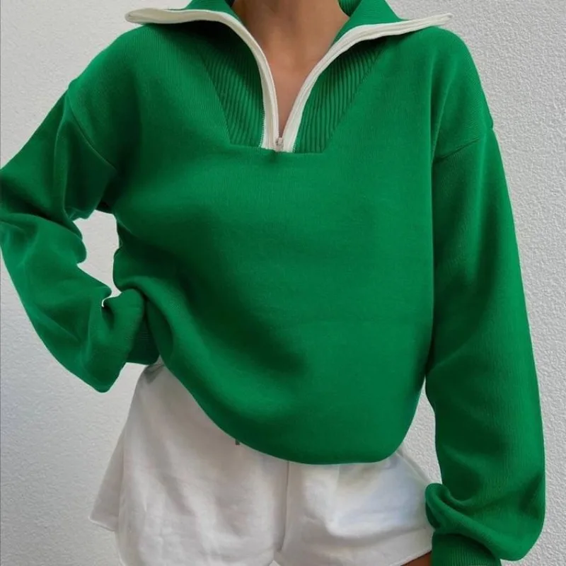 

Green Turtleneck Polo Zipper Sweater For Women Autumn Winter 2024 Thick Long-Sleeved Casual Loose Streetwear Fashion Pullovers