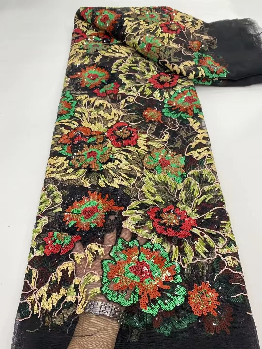 

2025 Latest High Quality African Nigerian With Tulle Sewing Lace Fabric Guipure Embroidery Dresses Sequins 5Yards DP0413