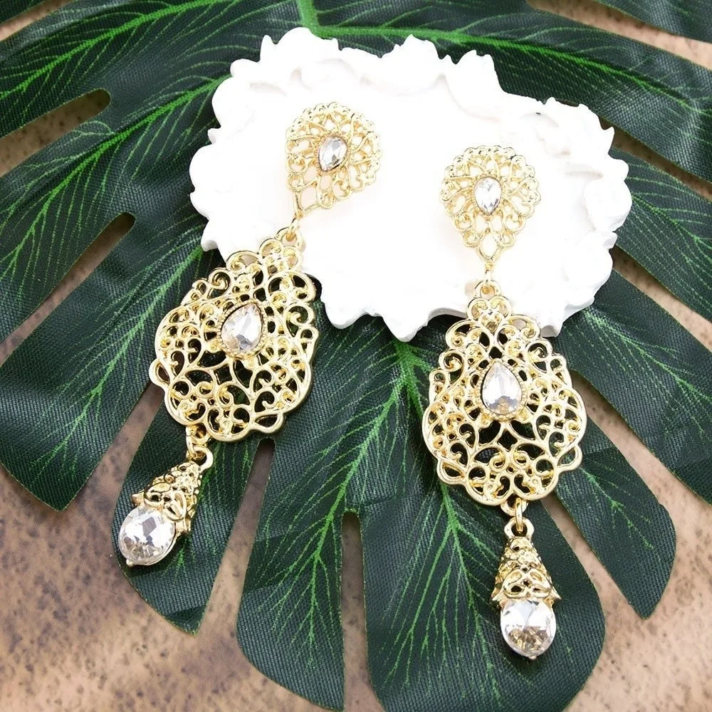 1 Pair Hollow Design Arabic Earrings Water Droplet Shape Crystal Pendant Hollow Earrings Traditional Style Moroccan Earrings