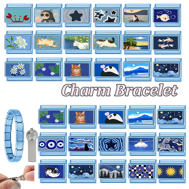 Creative Y2K Blue Series Charm Cloud Star Starfish Whale Cat Flowers Italian Links Fit 9MM Stainless Steel Bracelet DIY Making