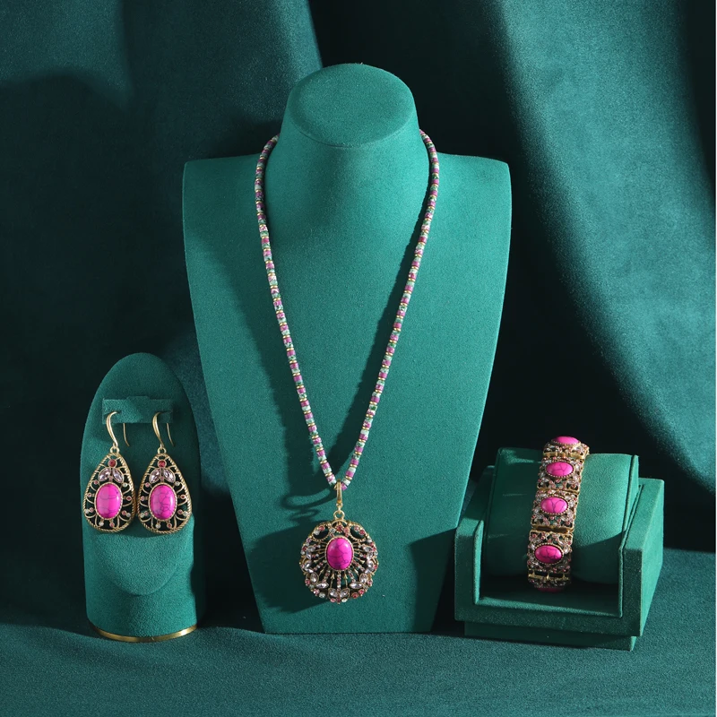 Vintage Rose Red Leaves Hollow Jewelry Sets Pendant Necklace Earrings Bracelet Luxury Brands Wedding Gift For Bride Trends 2026