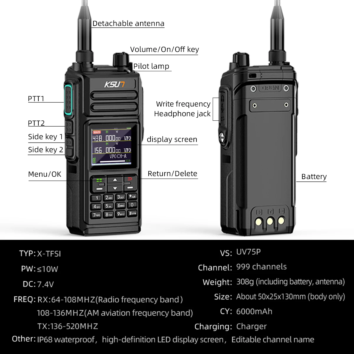 KSUN UV75P 10W DTMF Call SOS VHF UHF ثنائي النطاق اتجاهين راديو IP68 مقاوم للماء لاسلكي تخاطب