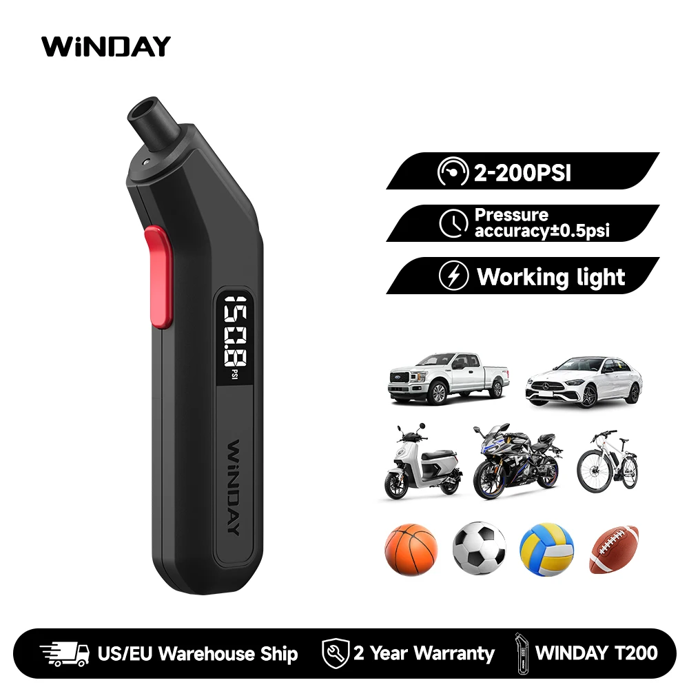WiNDAY T200 Digital Tire Pressure Gauge 200 PSI with LED Display Easy to Read Durable for Trucks SUVs Bikes - Automotive Maintenance Tool