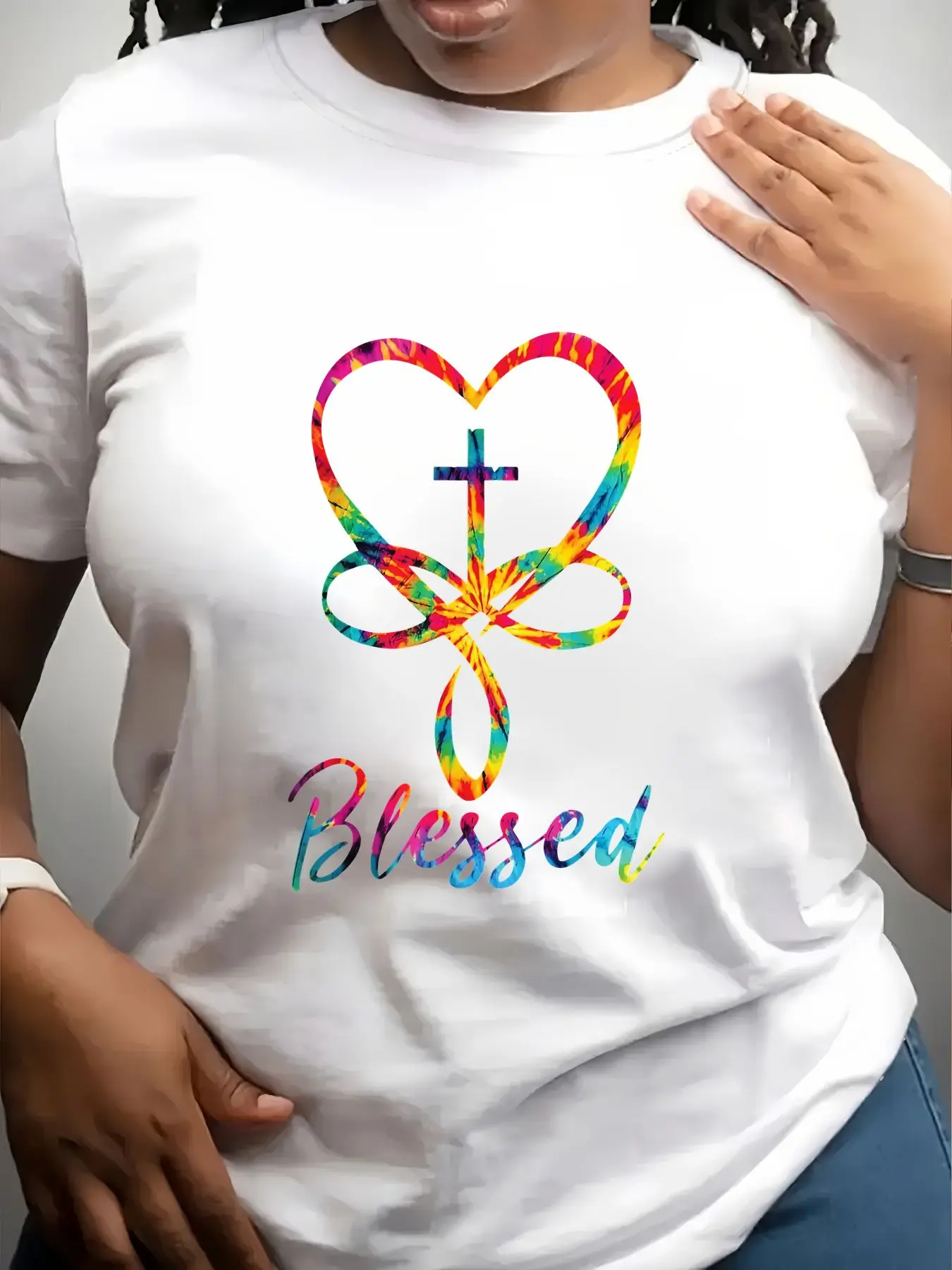 Women's Trendy Crew Neck T-Shirt Colorful Heart Cross Blessed Design Suitable for Casual Sportswear