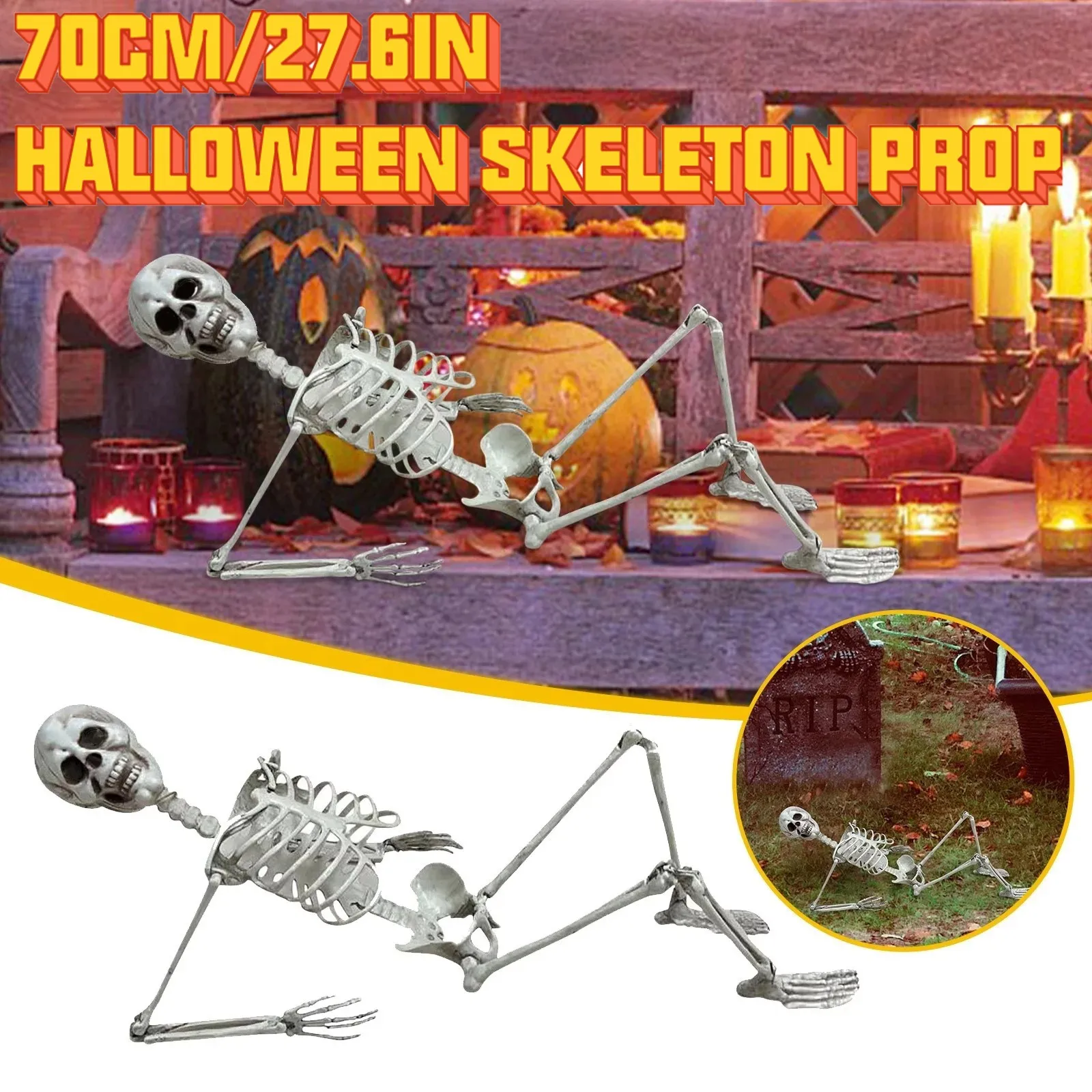 Full Life Size Home Evil Party Decoration Horror Scary Movable Big Skull 70CM Halloween Movable Skeleton Halloween Ornament Toys