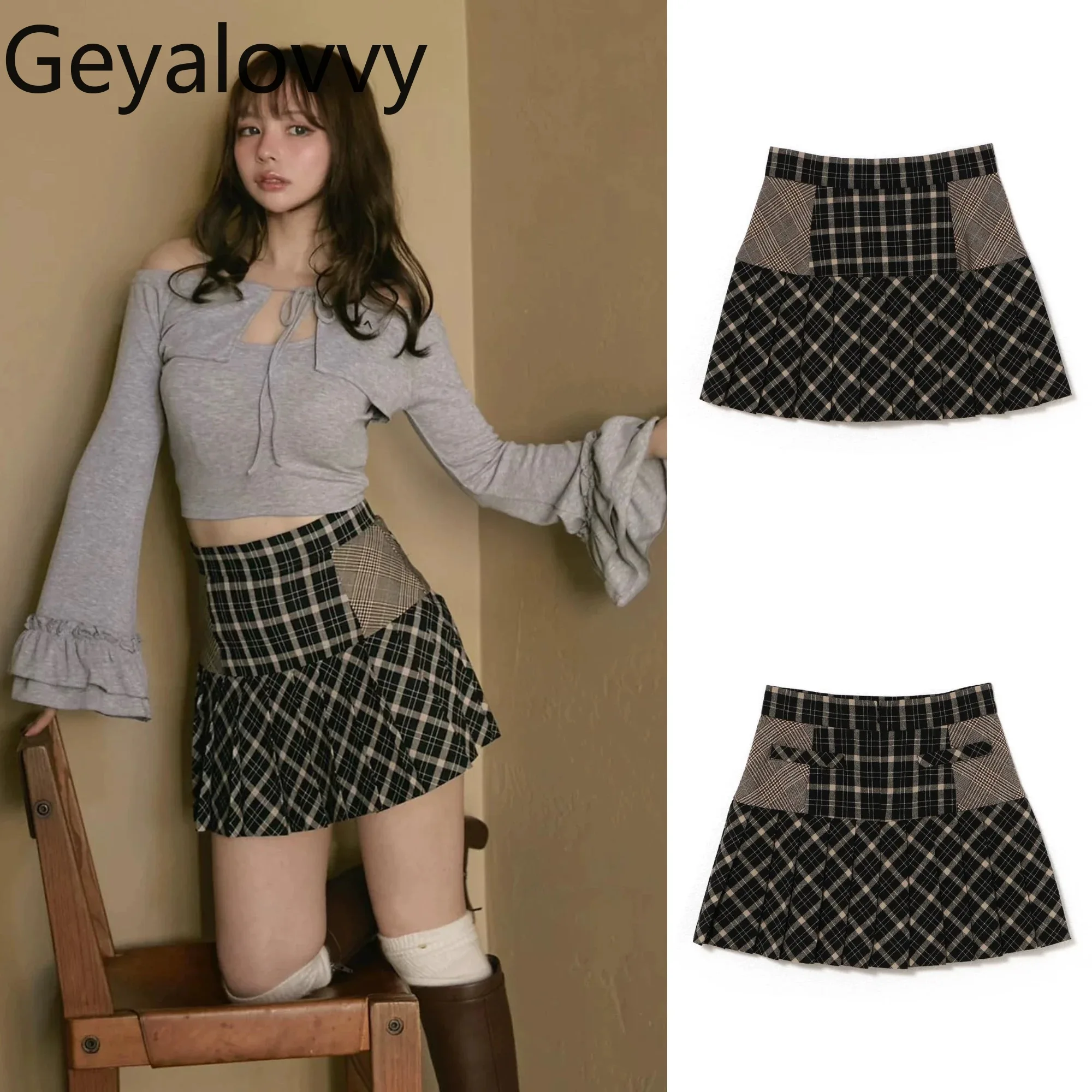 和風ハイウエスト万能チェック柄パッチワークAラインショートスカート秋新作甘い可愛い女の子プリーツミニスカートファルダス