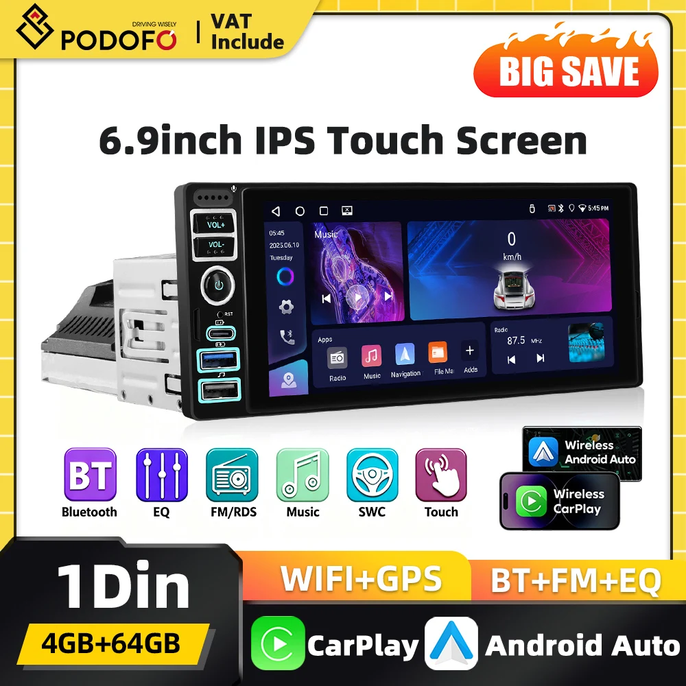 Podofo 4+64G Android 1DIN Carplay Autoradio 6,9 Zoll HD-Bildschirm GPS-Navigation Bluetooth USB-Player WIFI Mirror Link EQ FM RDS Auto-Audio