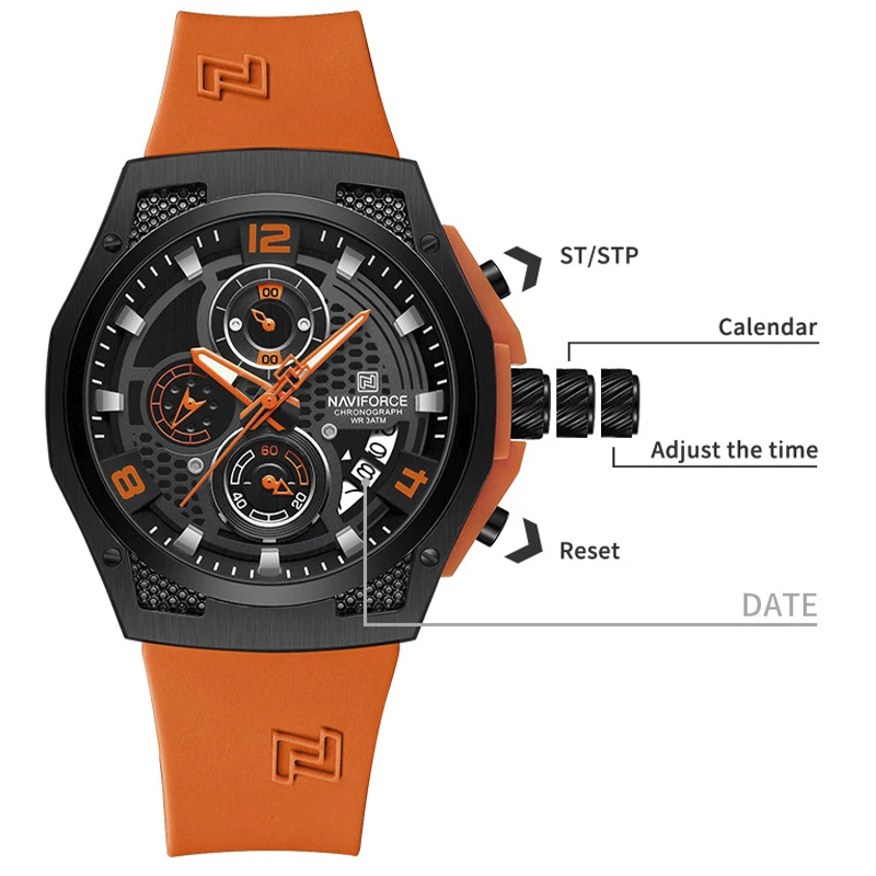 NAVIFORCE Men High Quality Silicone Strap Sport Watch Male Quartz Calendar Chronograph Wristwaches Water Resistant Clock for Man