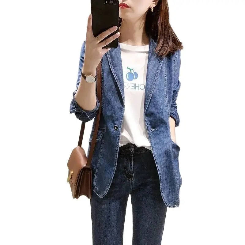 2023 Spring Autumn New Women’s Denim Jacket Fashion  Long Sleeve Loose Casual Jeans Coat Female Suit Collar   Cowboy Overcoat