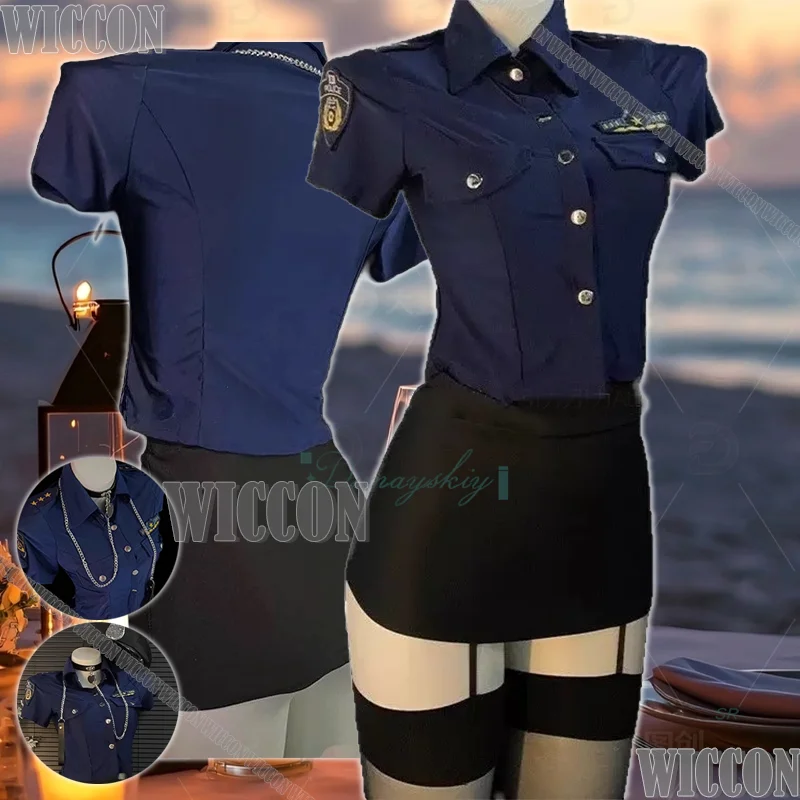 مضيفة طيران المرأة موحدة ضابط الشرطة طوق تنورة الحرير الأسود Strappy الجوارب قميص هالوين حفلة هدية عيد الحب