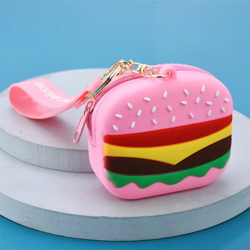 Fashion Silicone Simulation Hamburger Purse Pendant Keychain Female Cute Exquisite Mini Wrist Bag Girl Heart Keyring Women Gift