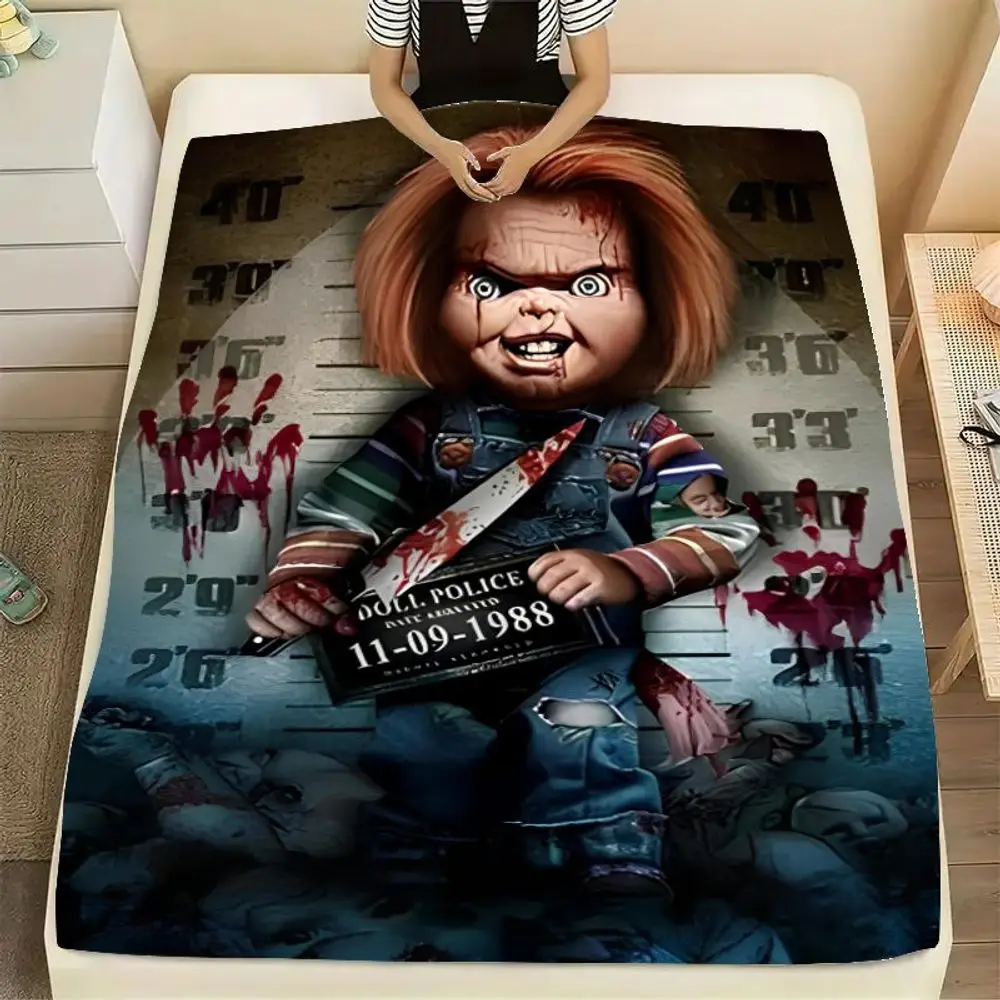 Chucky Horror Plush Blanket - Creepy Doll Inspired Blanket with Bloodstained Mugshot Design, Soft and Cozy Throw for Halloween D