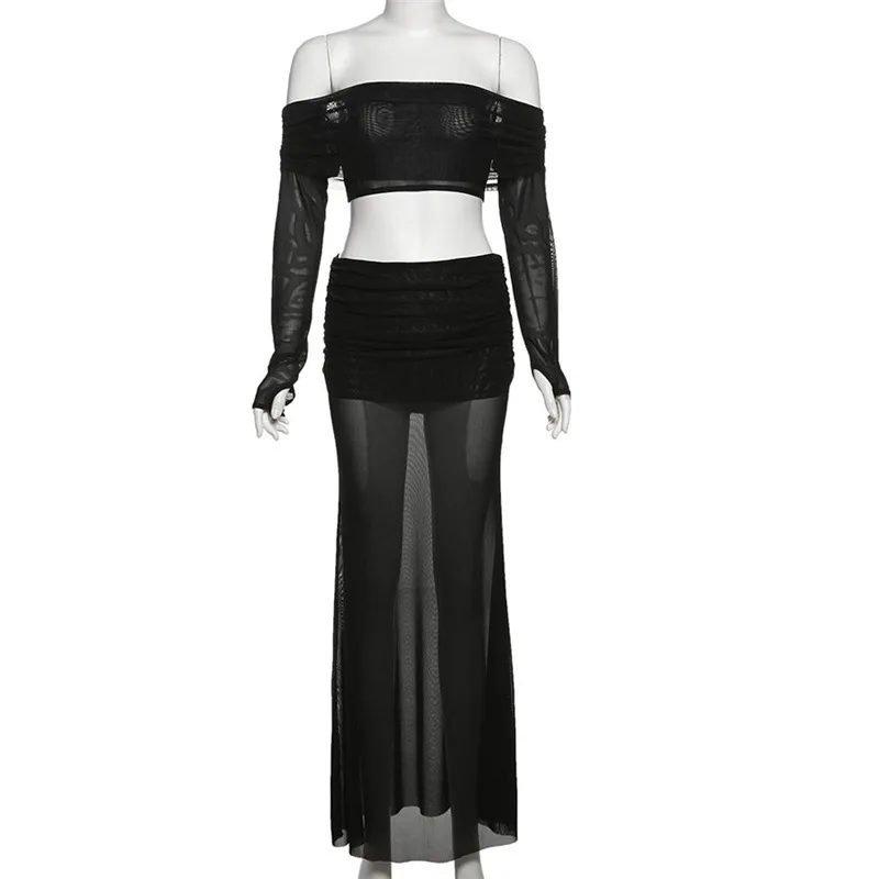 Conjunto de 2 piezas de malla transparente para mujer, Tops cortos de manga larga con cuello barco fruncido, faldas largas, trajes de fiesta para discoteca, verano 2025