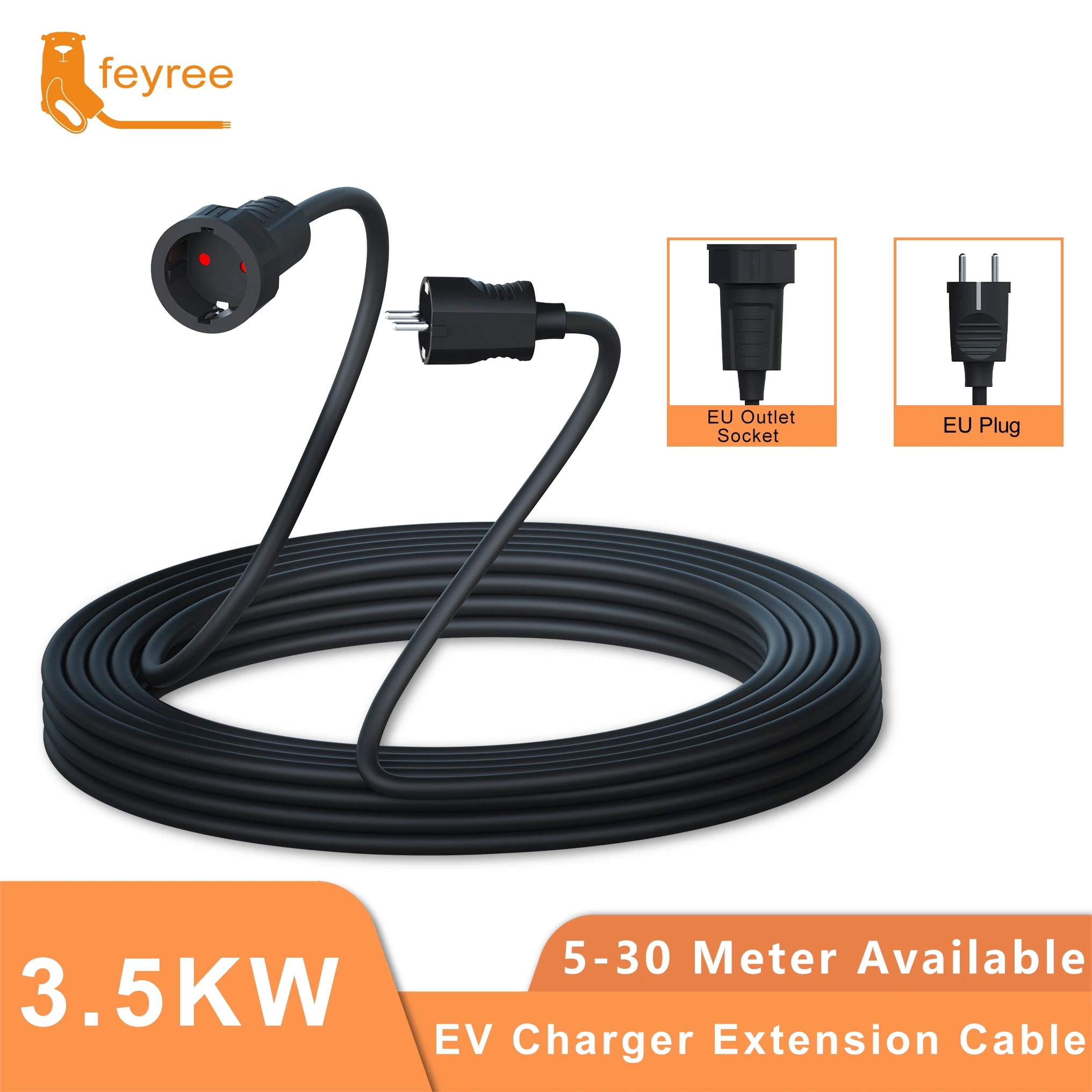 Feyree 3,5KW Schuko Verlängerungskabel EV-Ladegerät EU-Stecker Elektrofahrzeug-Kabel EU-Stromverlängerungskabel 5M/10M/15M/20M