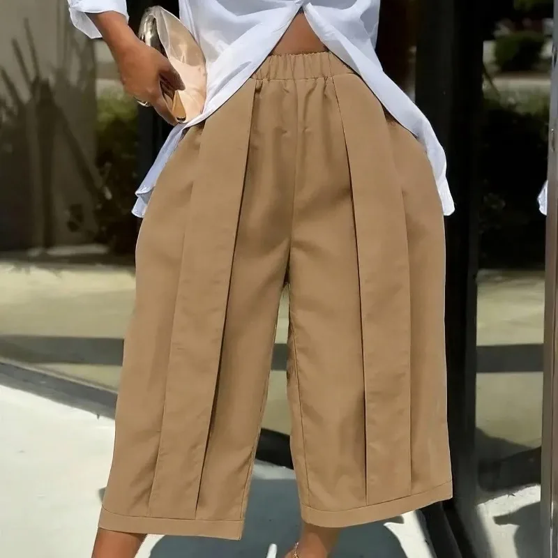 

Женские брюки KEXU с широкими штанинами, длина 7/8, летняя новинка, с эластичным поясом, расклешенные, стройнящие, повседневные, для работы