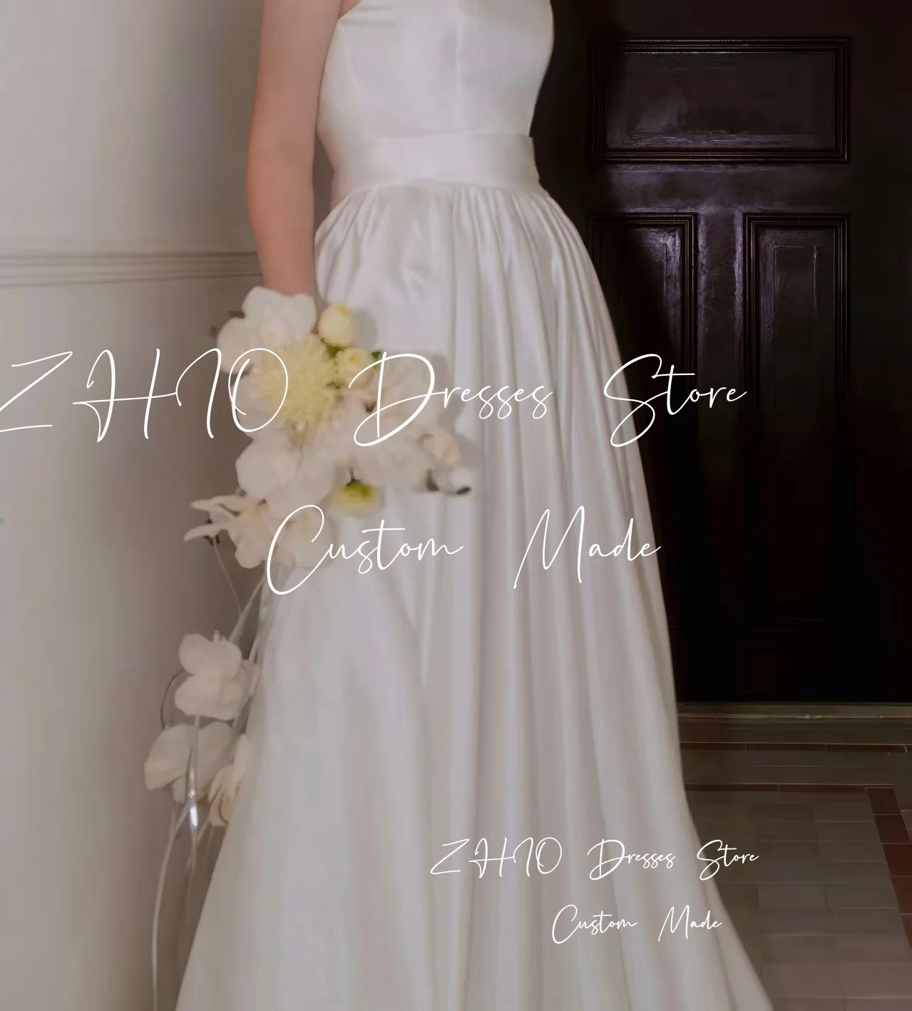 ZHIO 우아한 화이트 새틴 웨딩 파티 드레스 O넥 드레이프드 A라인 한국 포토 촬영 신부 드레스 이브닝 드레스 맞춤 웨딩드레스