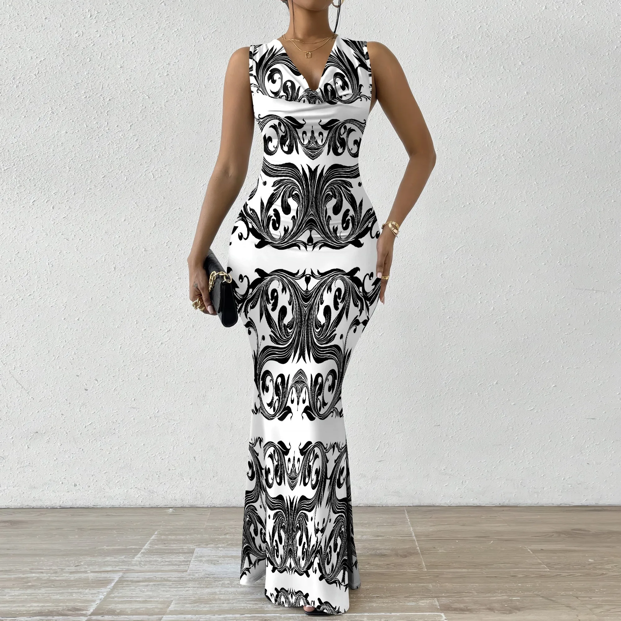 Black and White Swirl Print Bodycon Maxi Dress - Chic Style for Evening Events & Cocktail Parties | XS-2XL