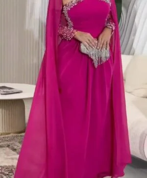 Saudi Arabia Women\'s Evening Dresses Off The Shoulder Prom Dresses Floor Length Beadings 3/4 Long Sleeves Formal Party Dress