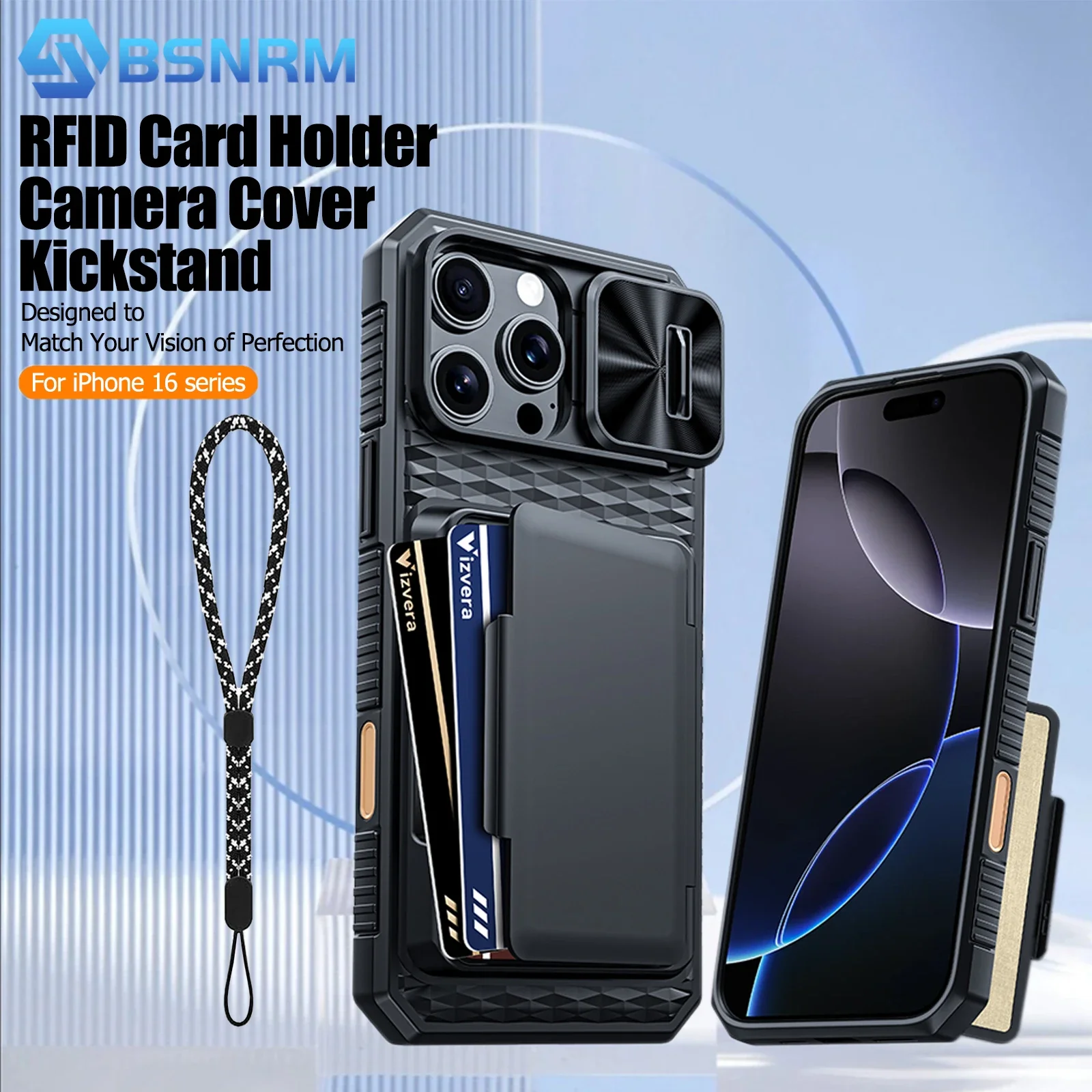 

Держатель для карт RFID-кошелька, чехол для камеры, прочный противоударный силиконовый защитный чехол для всего тела для iPhone 16 Pro Max, черный