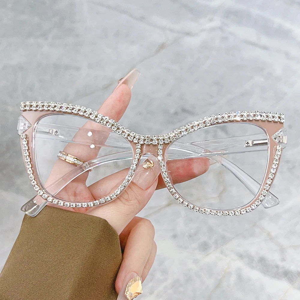 Vintage Luxury Diamond Cat Eye Anti-Blue Light Glasses Frame Women Trending Brand Designer Crystal Sexy Myopia Reading Glasses