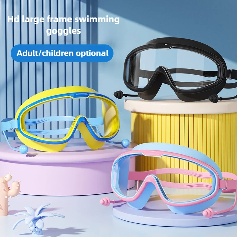 Swimming Goggles for Adults Large Frame Waterproof and Fog-proof HD Swimming Goggles One-piece Earplugs Silicone