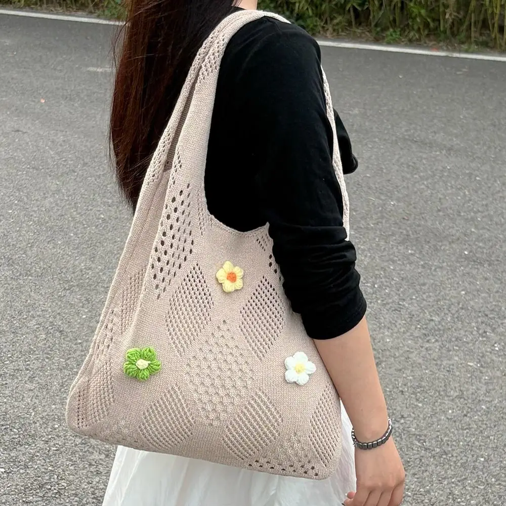 

Hollow Out Women Knitting Shoulder Bag Flower Decoration Portable Beach Tote Bag Top-Handle Large Capacity Casual Crochet Bag