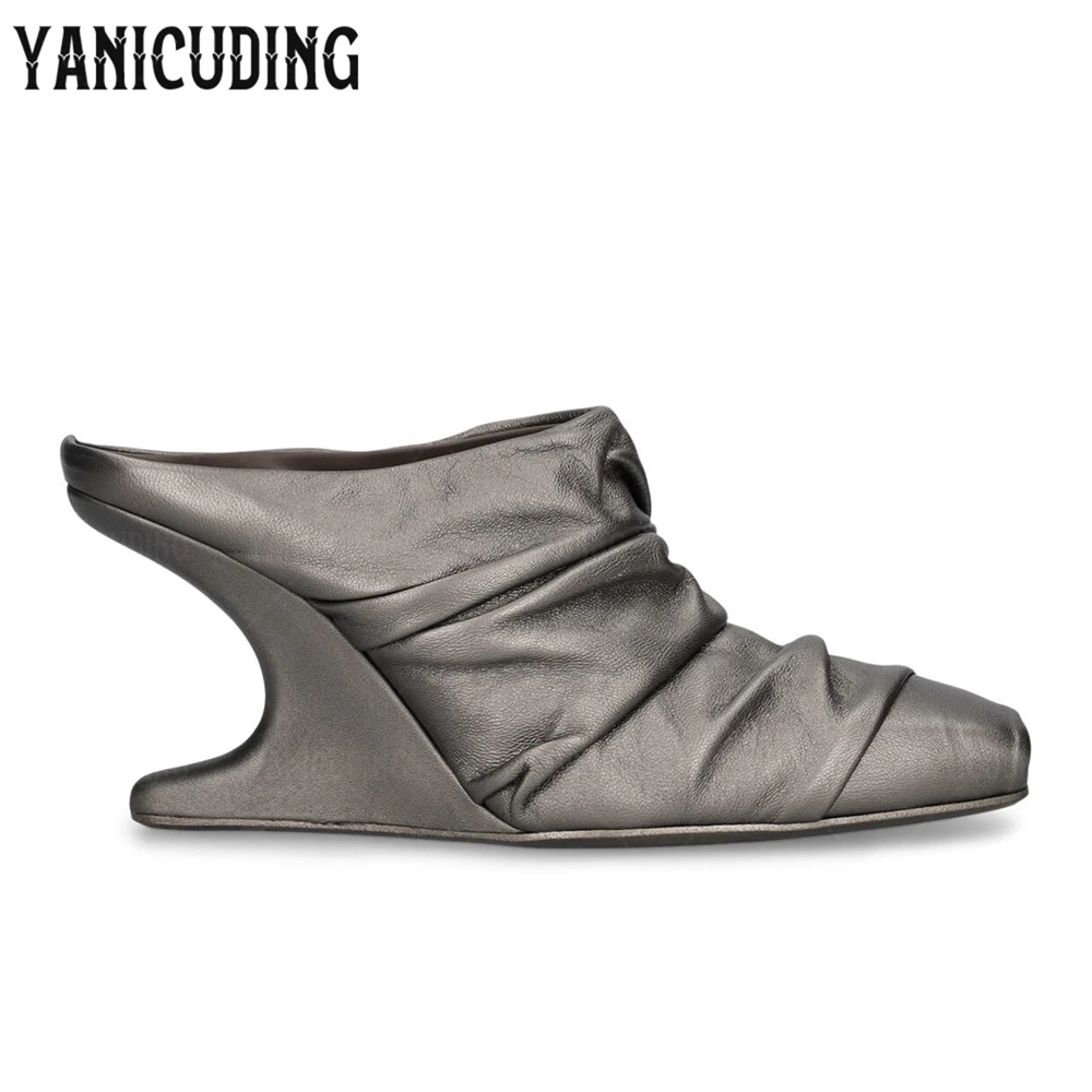 

Gunmetal Cantilever and Twisted Mules Retro Designer Style Pleated Slippers Stranger Heel Peep Toe Fashion Slippers for Women