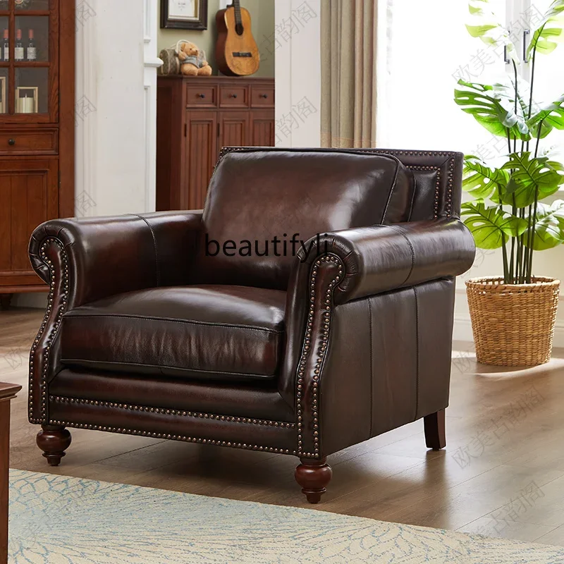 

HModern simple first-layer cowhide leather sofa home living room upholstered furniture simple solid wood