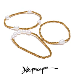 Yhpup Trendy Natural Freshwater Pearls Stainless Steel Round Beads Chain Handmade Bracelet Bangle High Quality Chic Jewelry