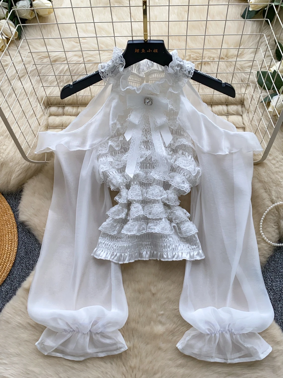 French Style  Knot Lace Shirt Women Long Sleeve One Shoulder Design Slimming Top Spring Autumn Polyester Fiber