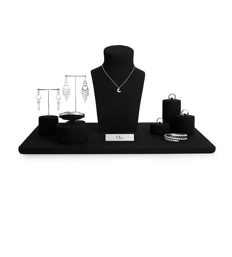Oirlv Schwarzes Samt-Schmuckdisplay-Set: Halskettenbüste, Ringhalter, Ohrringständer, Armreif-Präsentationsständer für den Einzelhandel – Detail 3
