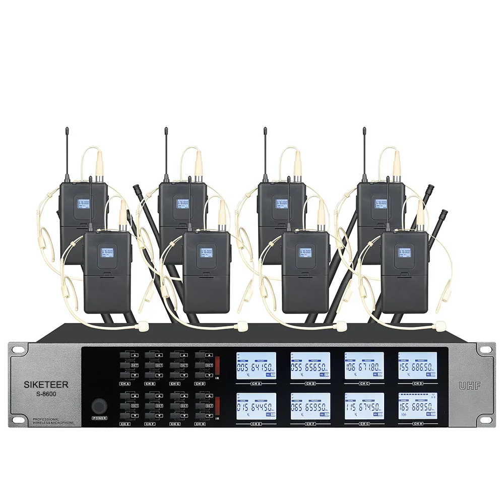 

Wireless Microphone System Professional 8-Channel UHF Headset Mic Set for Stage Performances Houses of Worship Meeting Rooms